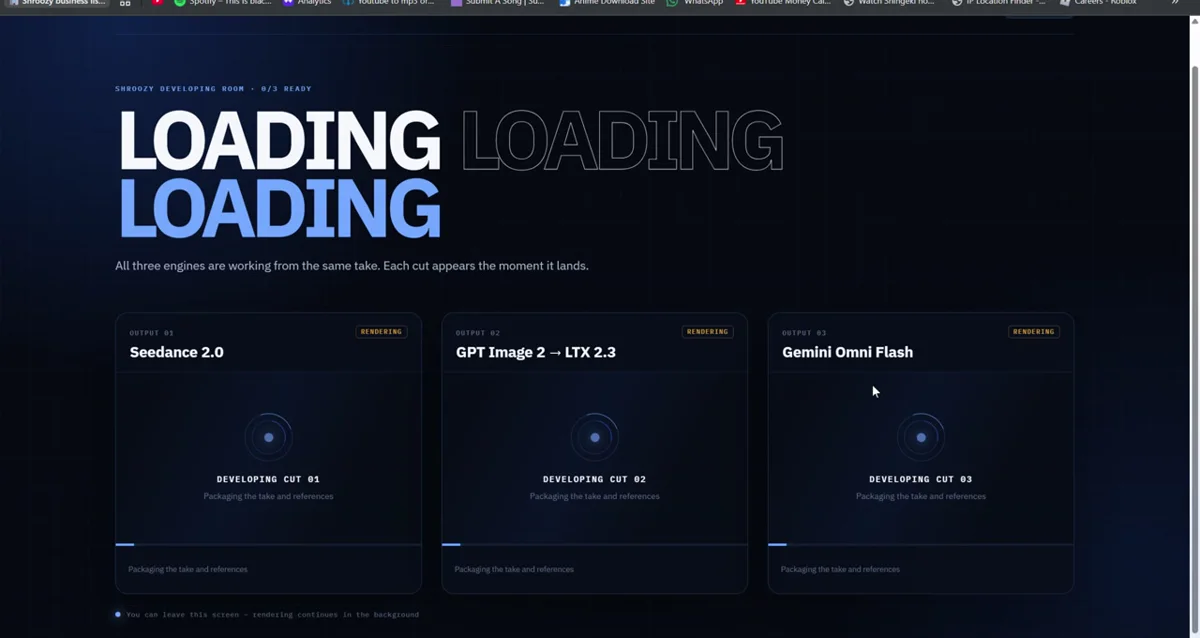 The Shroozy developing room preparing three AI video outputs