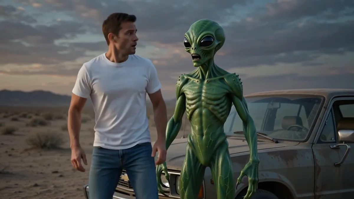 An AI-finished cinematic frame showing a man and an alien beside a car